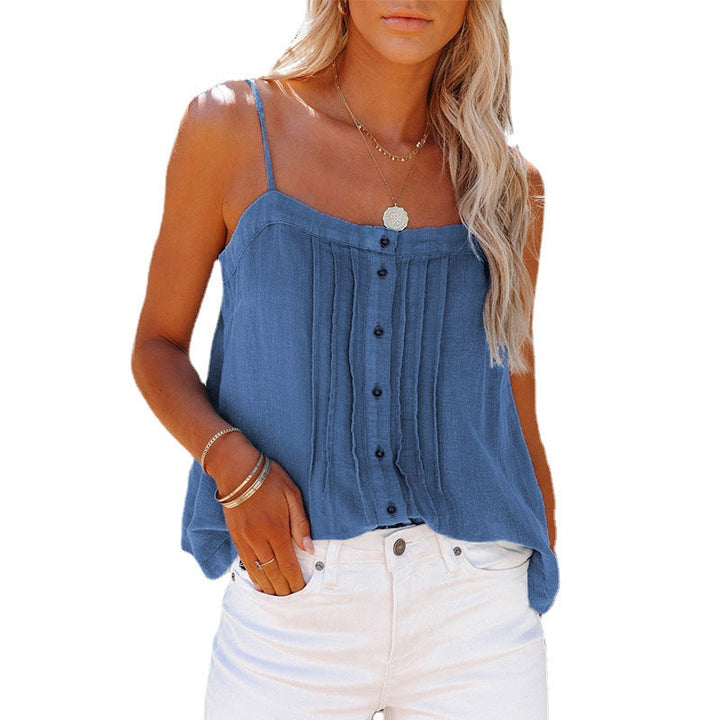 Lightweight women's plaid button-front spaghetti strap tank top for a breezy, trendy summer look.
