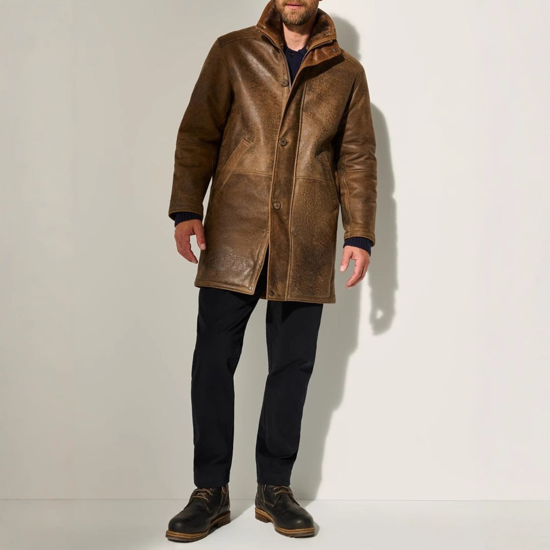 Warm men's elegant long winter coat, premium brown outerwear. Perfect for cold weather sophisticated fashion.
