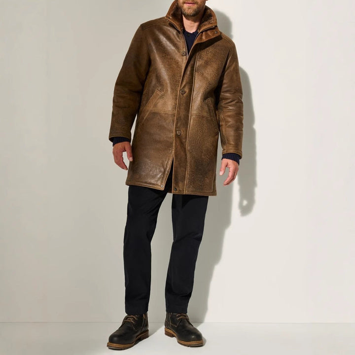 Warm men's elegant long winter coat, premium brown outerwear. Perfect for cold weather sophisticated fashion.