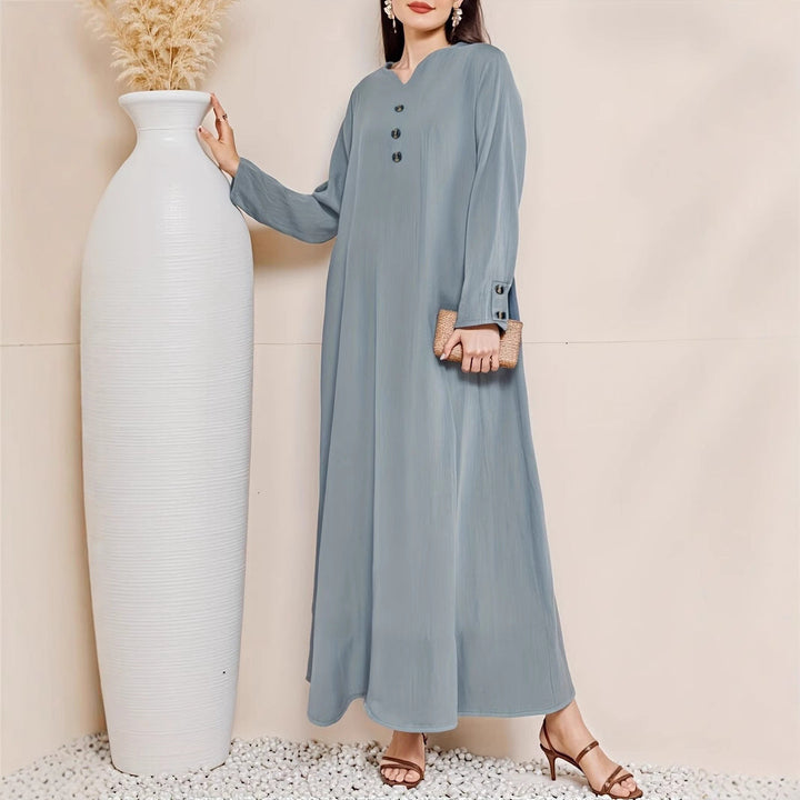 Chic button-front maxi dress for women. Elegant long dress, perfect for summer evenings, casual outings, or modest fashion.