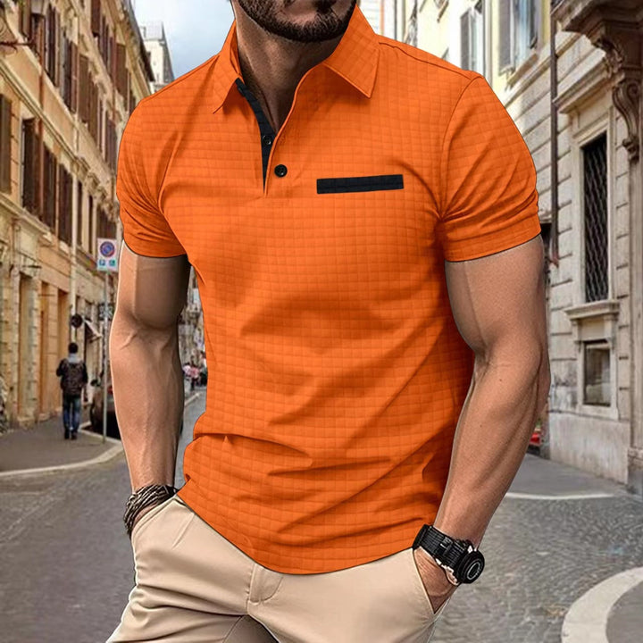 Textured men's short sleeve polo. Structured knit collared shirt for a stylish, modern casual look.