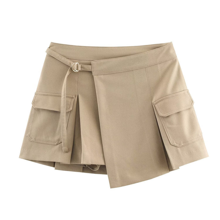 Beige high-waisted cargo skort for women with a stylish belt, cargo pockets; versatile for everyday fashion.