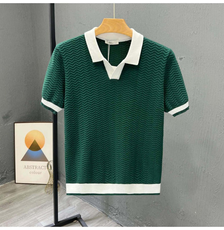 Trendy men's zigzag knit polo, short sleeve for summer/spring. Features unique pattern & classic collar.