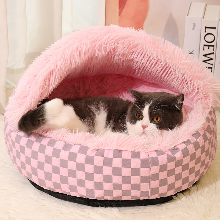Fuzzy checked cat cave bed, warm and cozy pet hideaway; ideal soft cat bed supplies.