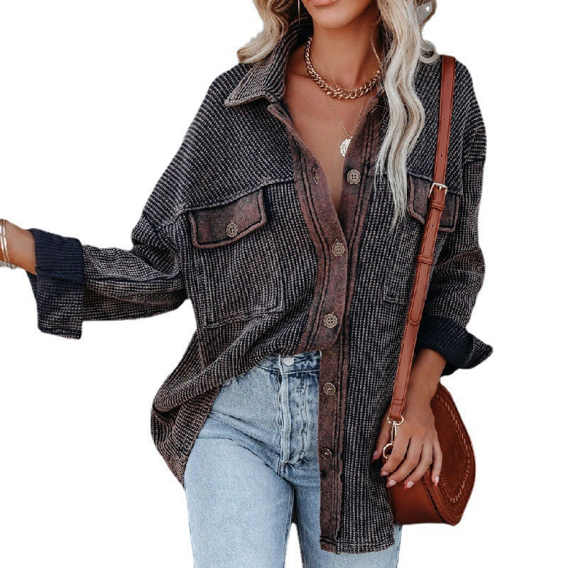 Women's Contrast Waffle Knit Long Sleeve Top