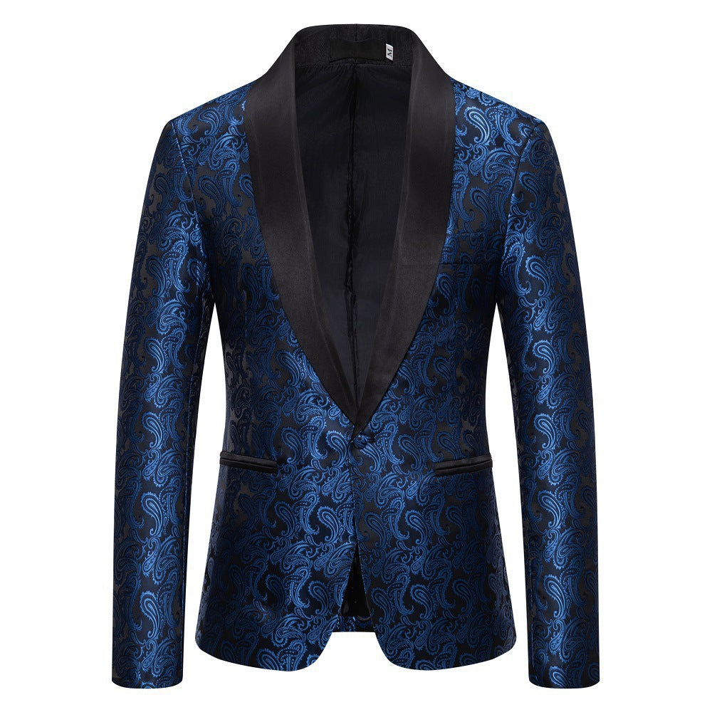 Sophisticated men's gala outfit: a black paisley blazer for an elegant formal look.