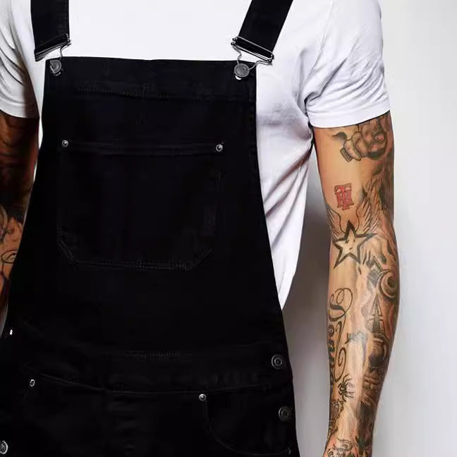 Comfortable black men's casual overalls, modern fit & adjustable straps, great for relaxed style and utility wear.