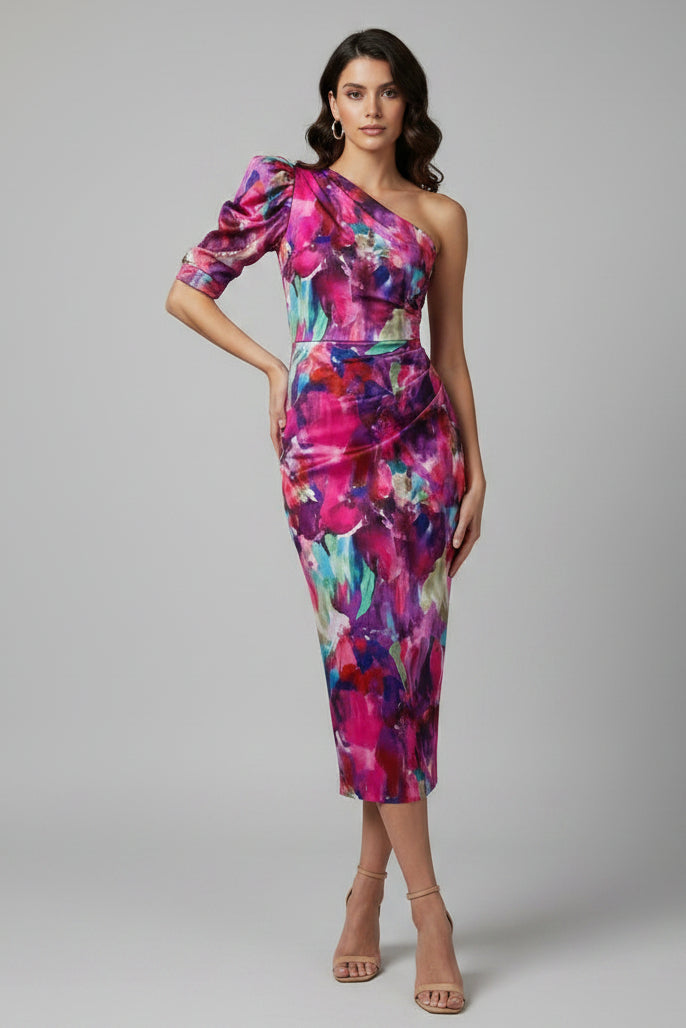 Elegant women's one-shoulder purple midi dress for evening parties, cocktail events, or a sophisticated wedding guest look.