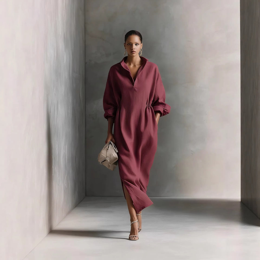 Stylish women's midi dress with a tie waist and classic collar, ideal for elegant everyday wear.