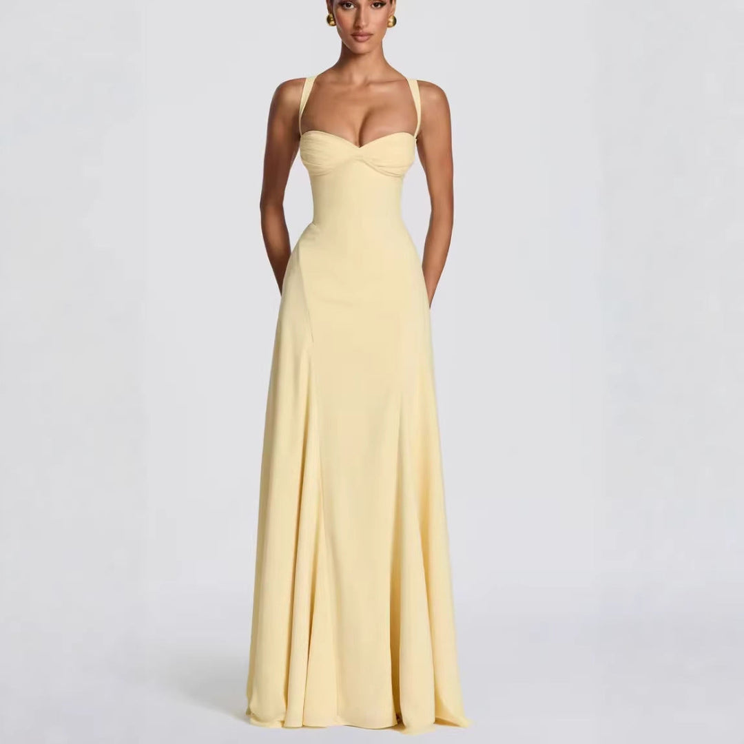 Long elegant women's maxi dress featuring a flattering heart neckline & flowing silhouette for any formal event.