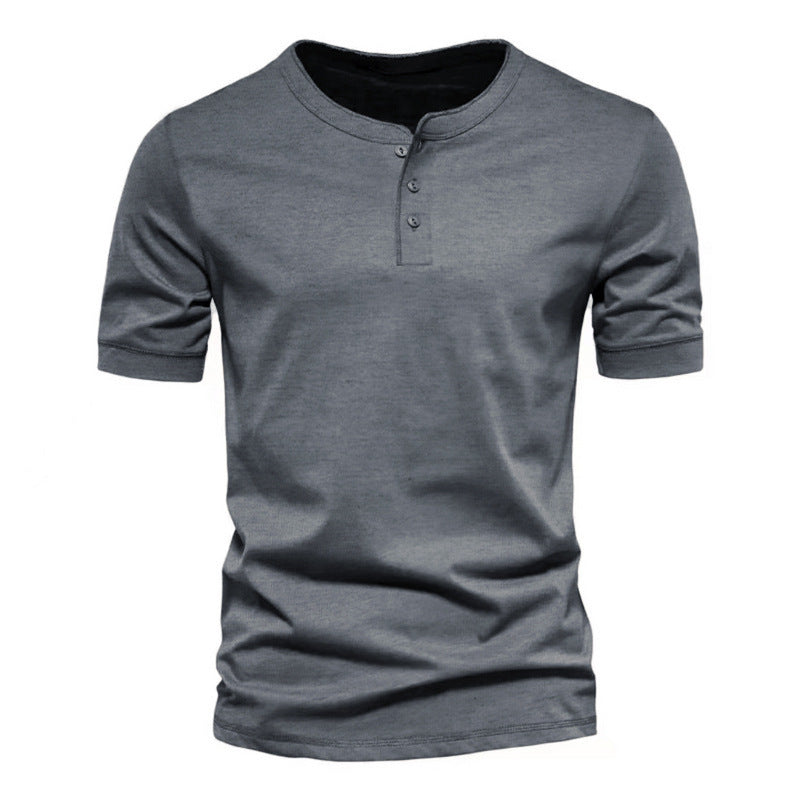 Front view of a men's short sleeve Henley shirt, showing the classic button placket design.