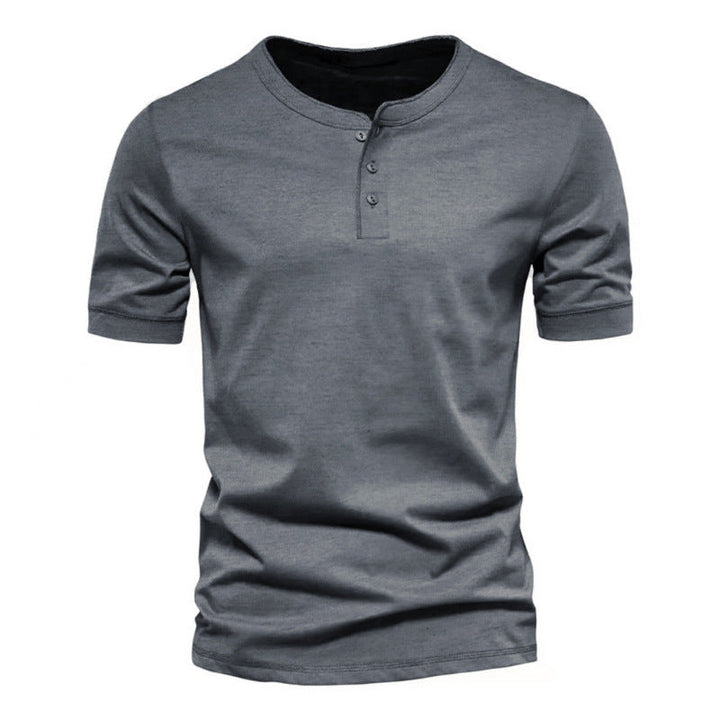 Front view of a men's short sleeve Henley shirt, showing the classic button placket design.