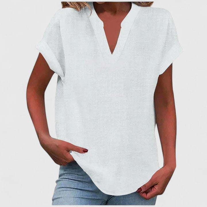 Elegant black V-neck top, a comfortable short sleeve blouse for work or leisure.