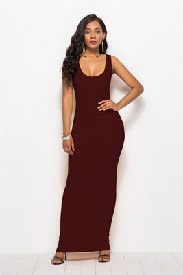 Chic women's long evening gown, deep round neck & elegant silhouette. Ideal for parties & formal events.