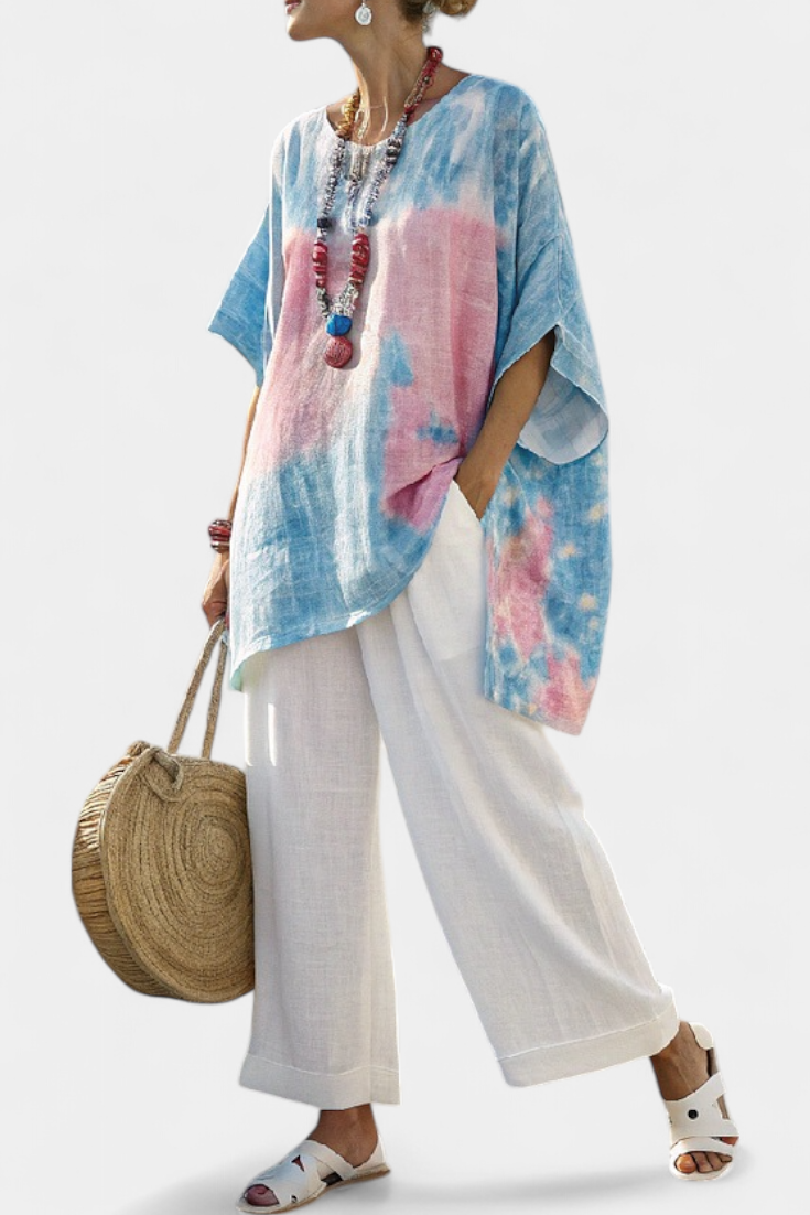 Women's effortless flowing top & striped pants set. Perfect relaxed fit two-piece for summer casual chic vacation wear.