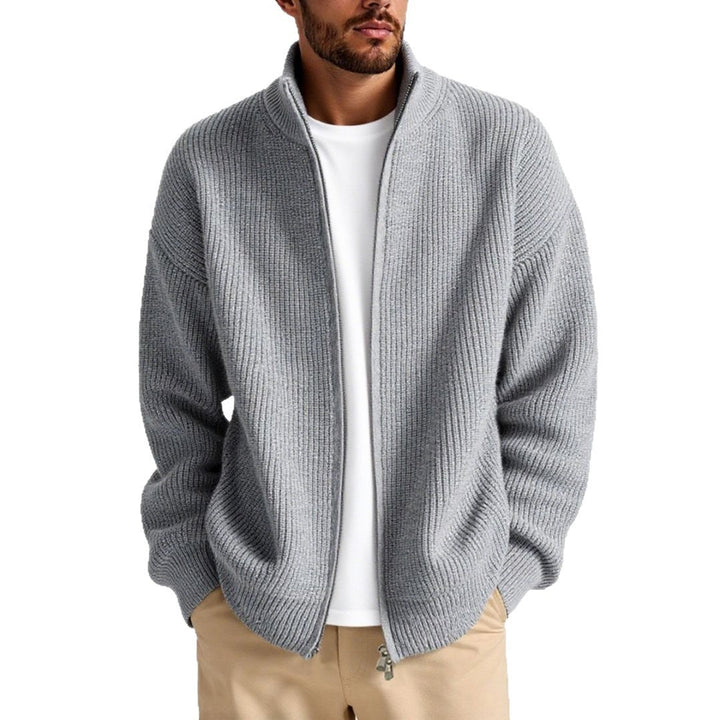 Versatile men's high collar zipper cardigan, a comfortable and stylish layering piece for any casual occasion.