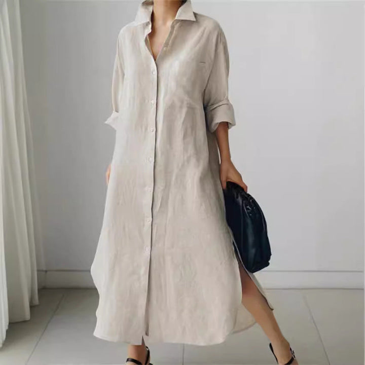 Women's lightweight button-down shirt dress with elegant side slits, perfect for casual summer style & everyday wear.