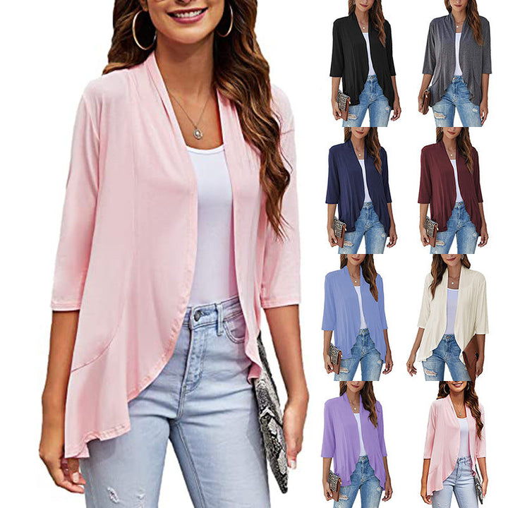 Women's lightweight open-front 3/4 sleeve jacket. Elegant & versatile for spring/summer layering.