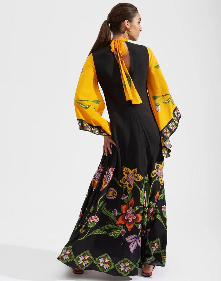 Vibrant 3D print elegant women's dress with three-quarter sleeves. Flowy A-line perfect for comfort.