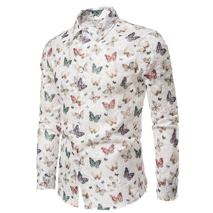 Stylish men's modern fit long sleeve shirt, featuring a unique butterfly print. Ideal for smart casual occasions.