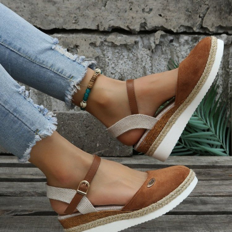 Durable non-slip women's wedge sandals with an elegant woven strap, designed for summer comfort.