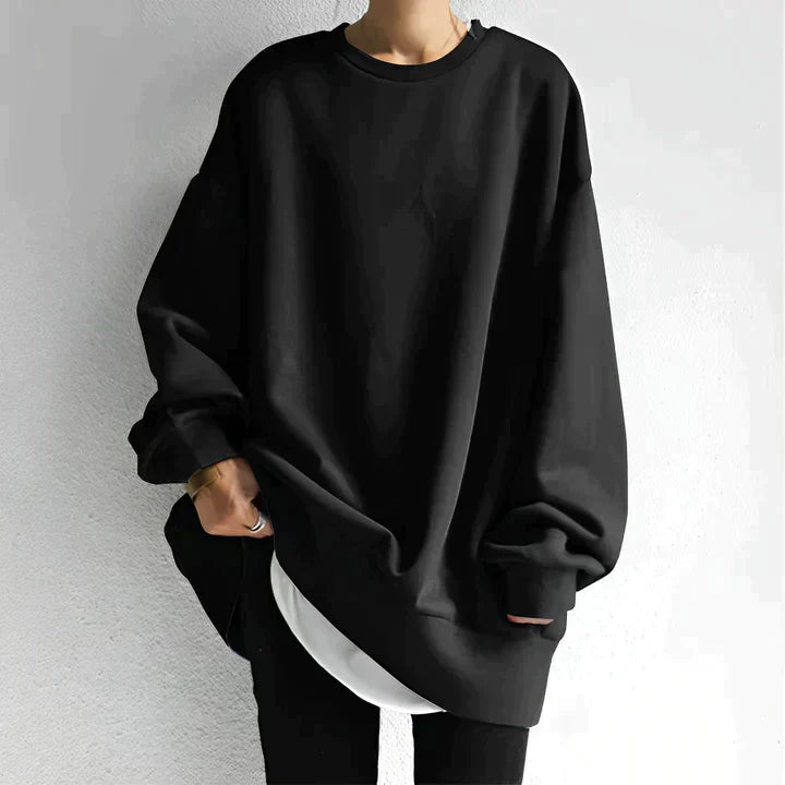 Women's oversized tunic sweater, cozy crewneck, long sleeve, perfect for casual fall & winter fashion.
