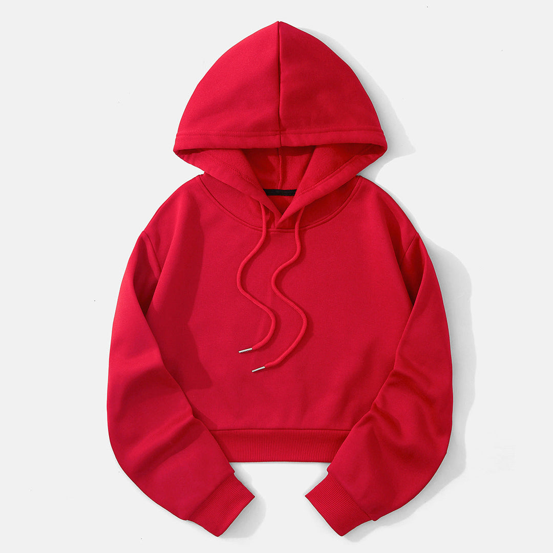 Minimalist women's cropped pullover hoodie, effortless comfort for daily wear.