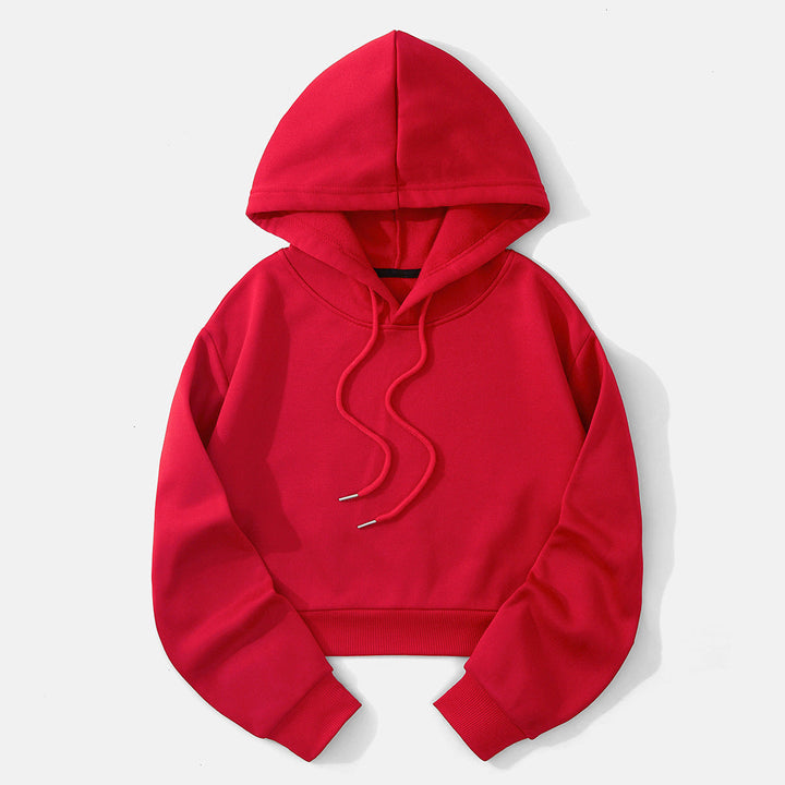 Minimalist women's cropped pullover hoodie, effortless comfort for daily wear.