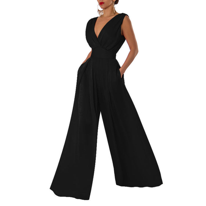 Elegant women's V-neck jumpsuit with wide leg pants, perfect for sophisticated style and comfort.