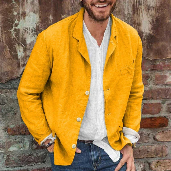 Men's Linen Cotton Button-Front Jacket, a versatile and lightweight casual piece for spring & summer.