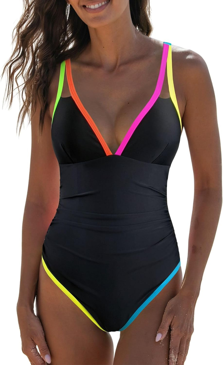 Ladies' one-piece V-neck swimwear in a vibrant design with colorful accents, perfect for beach holidays.