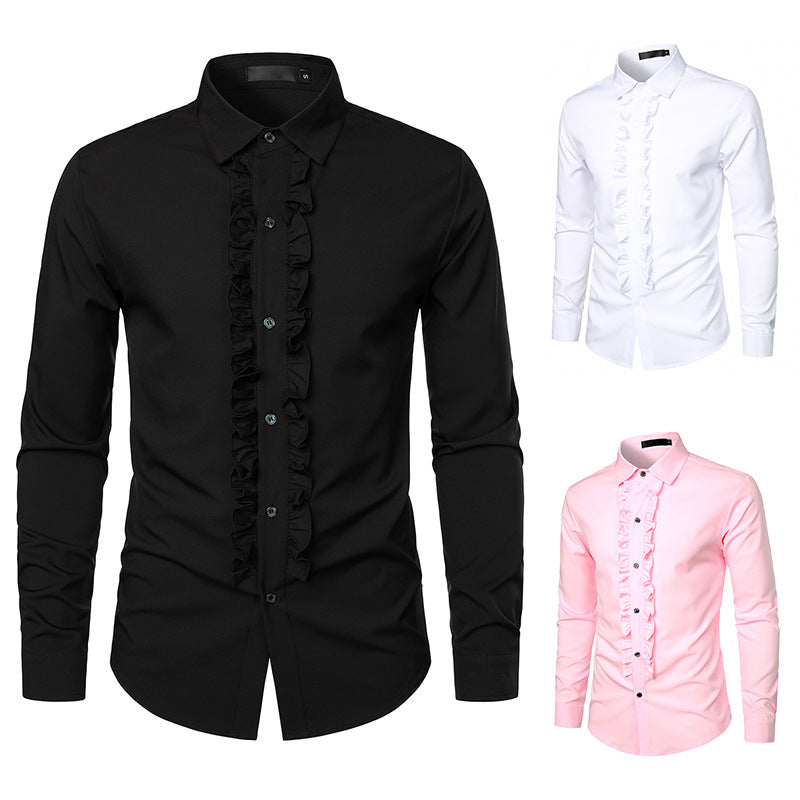 Stylish men's slim-fit ruffle dress shirt in white. Ideal formal wear for weddings, proms & elegant events.