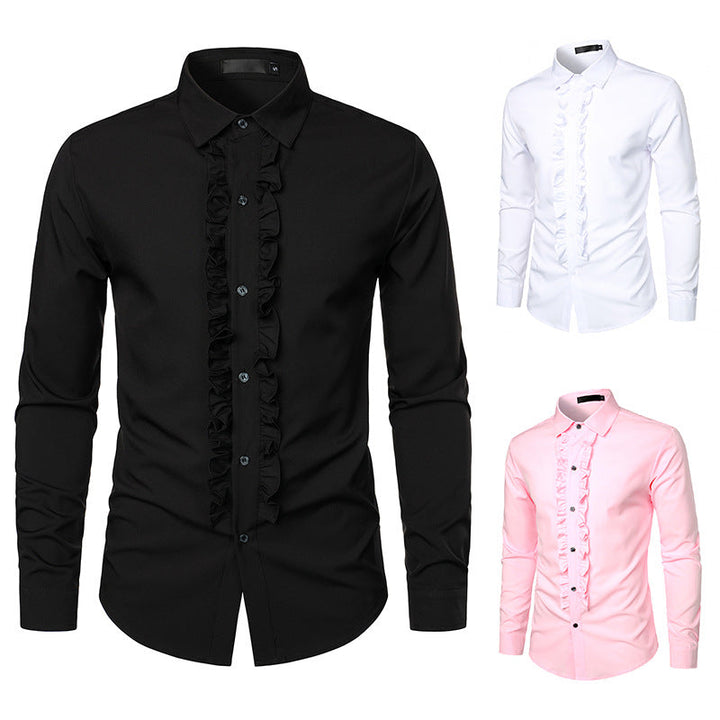 Stylish men's slim-fit ruffle dress shirt in white. Ideal formal wear for weddings, proms & elegant events.