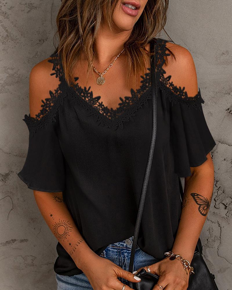 Sophisticated women's lace cold shoulder top. An elegant blouse, perfect for versatile chic and casual summer fashion.