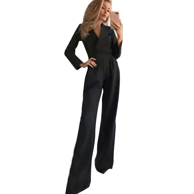 Tailored women's wide-leg jumpsuit with long sleeves & V-neck, ideal for formal events & occasion wear.