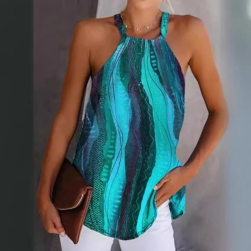 Trendy women's tank top featuring a stylish wave pattern, ideal for lightweight everyday fashion.