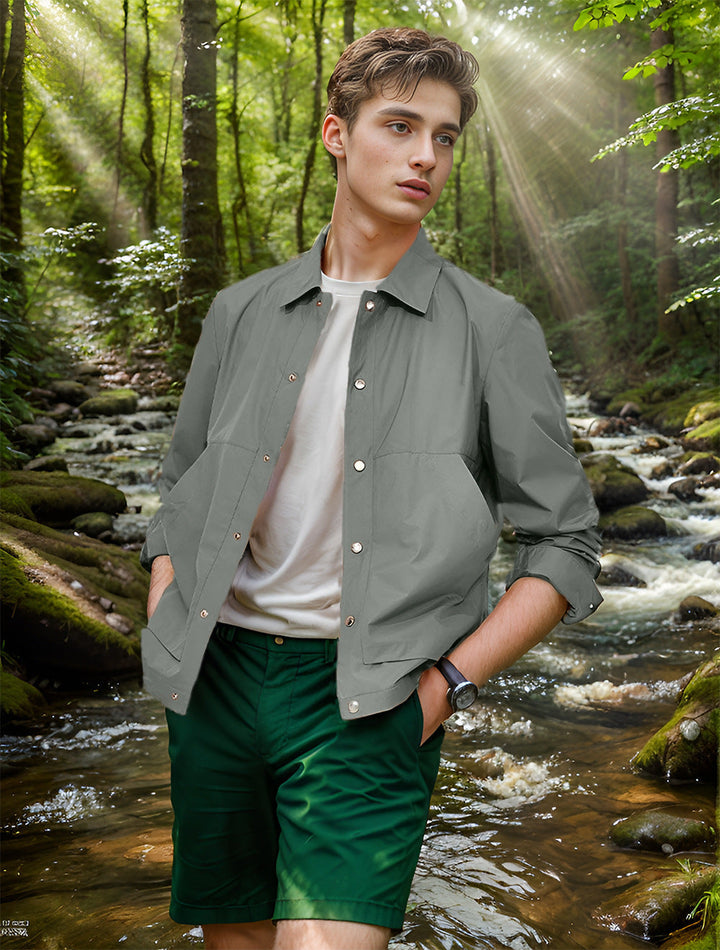 Modern men's lightweight jacket with snap buttons, perfect for versatile summer fashion.