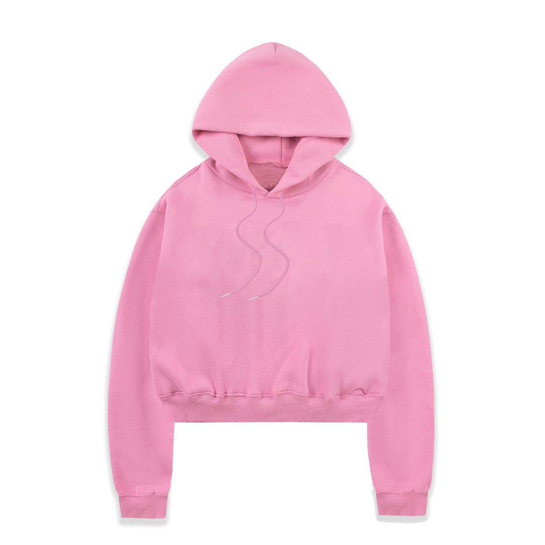 Back view of a women's trendy cropped hoodie, highlighting relaxed fit and style.