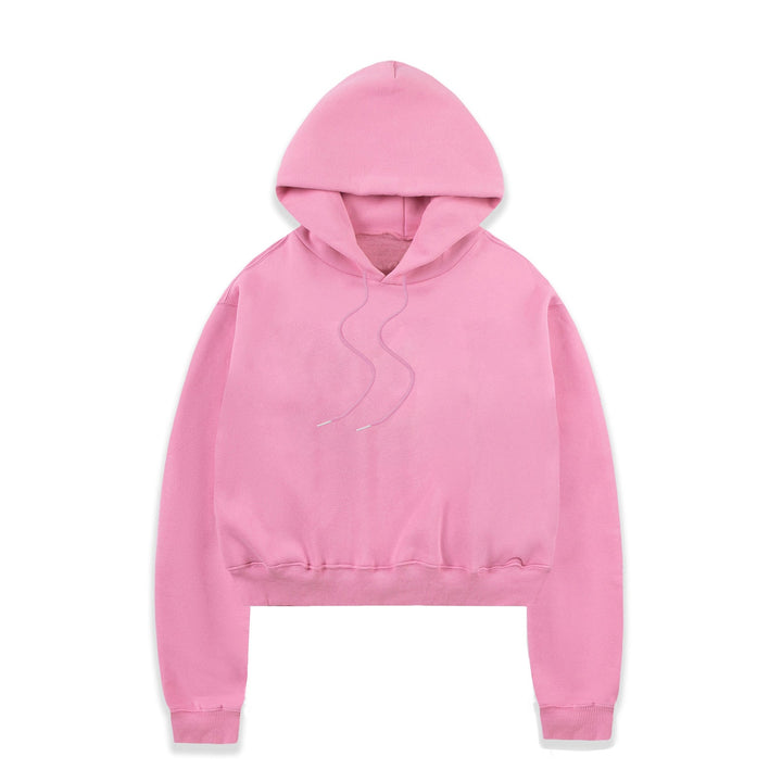 Back view of a women's trendy cropped hoodie, highlighting relaxed fit and style.
