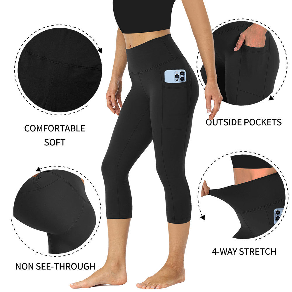 Women's high-waist tummy control compression leggings with practical side pockets for activewear.