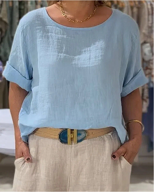 Soft, lightweight women's blouse with rolled sleeves and a relaxed fit. Ultimate comfortable wear.
