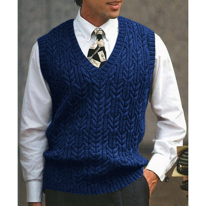 Classic men's cable knit vest, a durable v-neck layering piece for everyday smart style.