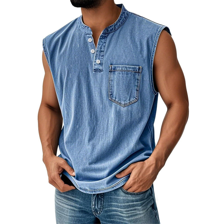 Men's sleeveless casual shirt, button placket & chest pocket. Perfect summer top for comfort & style.
