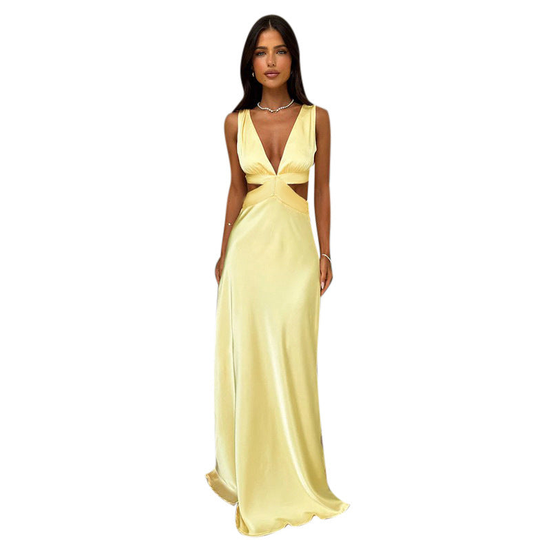 Stunning yellow V-neck evening dress for women, featuring alluring waist cutouts & a flowing floor-length skirt.