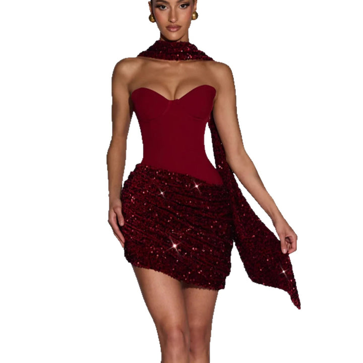 Elegant women's sequin mini dress featuring a stylish bustier, perfect as a glamorous evening or special occasion dress.