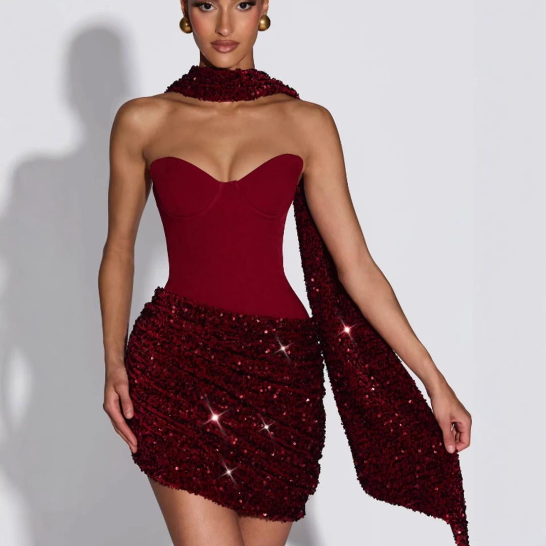 Dazzling women's sequin bustier mini dress, a glamorous and bodycon party dress designed to flatter your figure.