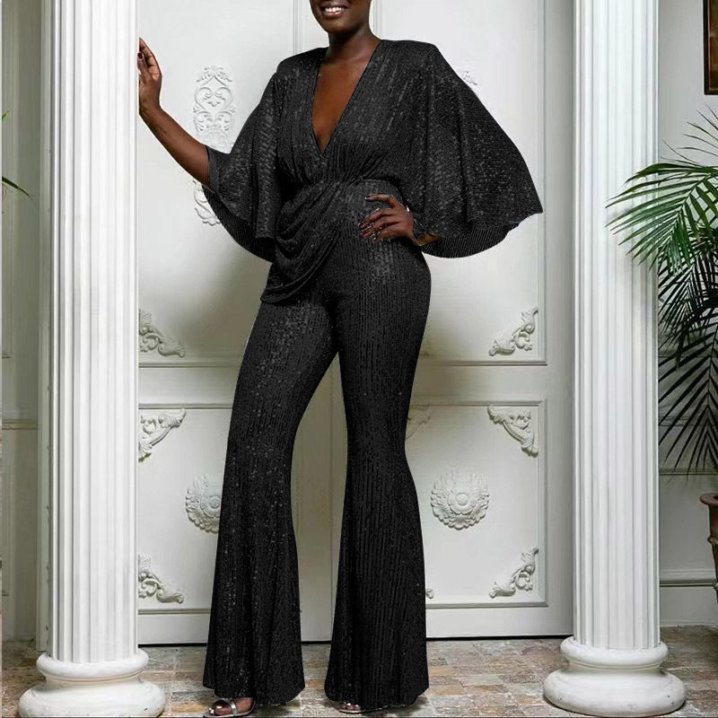 Elegant women's V-neck sequin jumpsuit featuring a stylish wide-leg design for sophisticated events.