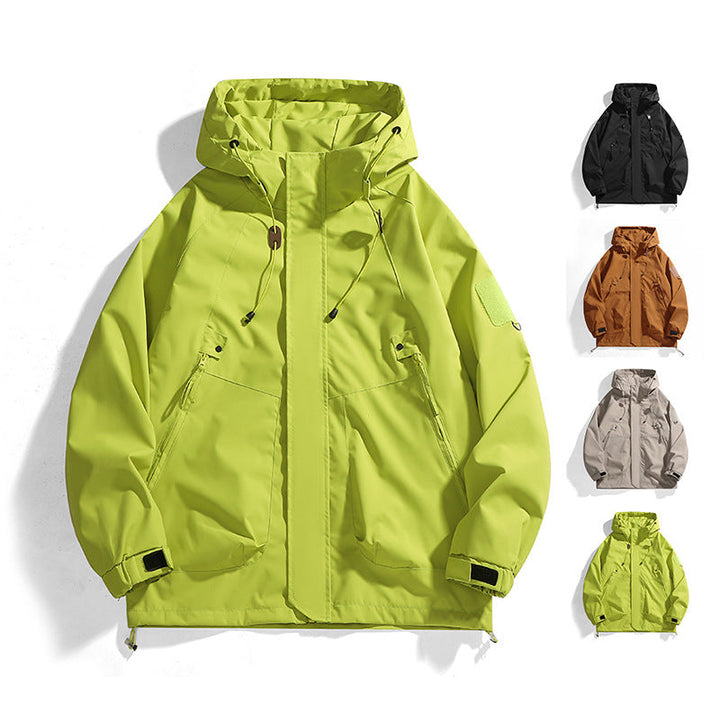 Women's waterproof outdoor jacket with adjustable hood, ideal for hiking and all-weather adventures.