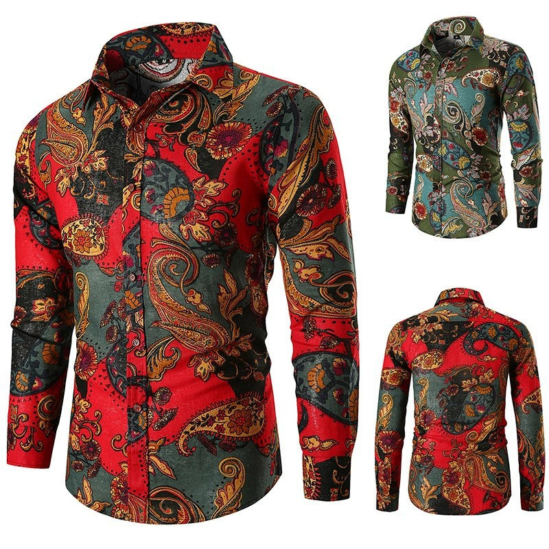 Stylish men's long sleeve shirt featuring a vibrant, intricate paisley pattern design.