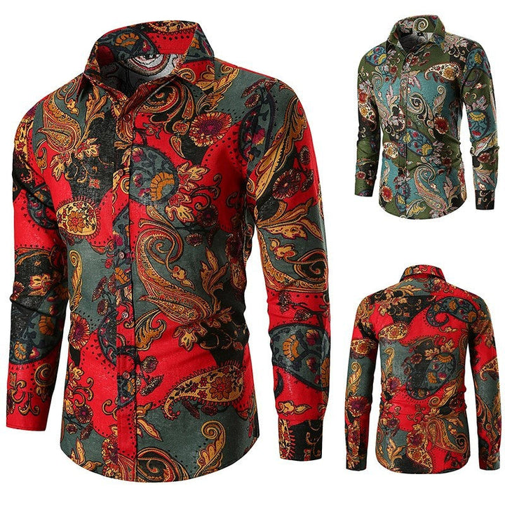 Stylish men's long sleeve shirt featuring a vibrant, intricate paisley pattern design.